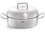 Servierpfanne FISSLER "ORIGINAL-PROFI COLLECTION Servierpfanne mit Hochraumdeckel", silber (silberfarben), Ø:28cm, Pfannen, Servierpfanne, mit breitem Schüttrand, Kaltmetallgriffen. Made in Germany