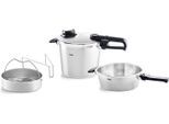 Schnellkochtopf FISSLER "Vitavit Premium Dampfkochtopf Set Edelstahl Made in Germany", silber (silberfarben), H:27cm L:39,5cm Ø:22cm, Töpfe, Schnellkochtopf, Verriegelungsanzeige, Einstellbares Abdampfen, Einstellbare Kochstufen