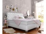 Boxspringbett HAPO, weiß, B:194cm L:230cm, Spiegelflächen der Oberseite der Unterfederung und die Ober- und Unterseite der Obermatratze sind jeweils mit einem rutschhemmenden Stoff aus 100% Polyester bespannt.;Kopfteil, seitliche Unterbox und Obermatratze: Samtbezug (100% Polyester) oder Kunstleder, Komplettbetten, Boxspringbett