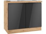 Spülenschrank KOCHSTATION "KS-Virginia,neu in verbesserter Ausführung", schwarz (hochglanz schwarz, wotaneiche), B:100cm H:86cm T:60cm, MDF, Schränke, Spülenschrank, Breite 100 cm, inklusive Einbauspüle, Soft-Close