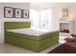 Boxspringbett HAPO, grün, Liegefläche B/L: 100cm x 200cm, kein Härtegrad, Bonnell-Federkernmatratze, Kopfteil, seitliche Unterbox und Obermatratze sind mit pflegeleichtem Feinstrukturstoff in Leinenoptik (100% Polyester) bezogen;Die Oberseite der Unterfederung und die Ober- und Unterseite der Obermatratze sind jeweils mit einem rutschhemmenden Stoff aus 100% Polyester bespannt., Komplettbetten, Bo
