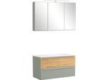 Badmöbel-Set WELLTIME "TRIENT, Set: Spiegelschrank und Waschtisch", grau (schilfgrün), B:100cm H:200cm T:47cm, MDF, Kastenmöbel-Sets, Badmöbel-Set, schilfgrün/wildeiche, LED-Aufbauleuchte, 2tlg. Waschtisch-Set