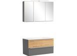 Badmöbel-Set WELLTIME "TRIENT, Set: Spiegelschrank und Waschtisch", grau (onyx, grau), B:100cm H:200cm T:47cm, MDF, Kastenmöbel-Sets, Badmöbel-Set, matt onyx-grey/wildeiche, LED-Aufbauleuchte, 2tlg. Waschtisch-Set