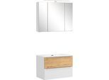 Badmöbel-Set WELLTIME "TRIENT, Set: Spiegelschrank und Waschtisch", weiß (matt weiß), B:80cm H:200cm T:47cm, MDF, Kastenmöbel-Sets, Badmöbel-Set, matt weiß/wildeiche, LED-Aufbauleuchte, 2tlg. Waschtisch-Set