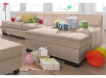 Ecksofa DOMO COLLECTION "Norma, elegant & modern, mit flachen Armlehnen, Breite 268cm, L-Form", beige (natur), B:268cm H:74cm T:153cm, NaturLEDER in Sitz und Rücken. Korpus in passendem Kunstleder SOFTLUX bezogen;Struktur (90% Polyester, 10% Polyacryl);Mosel Struktur (100% Polyester);Kunstleder SOFTLUX;Microfaser-PRIMABELLE (100% Polyester), Sofas, Ecksofa, wahlweise mit Bettfunktion