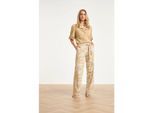 Smashed Lemon Wijde dames broek met beige print in travel kwaliteit