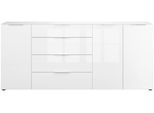 Kommode MANJANA MÖBEL "Style", weiß (weiß matt, weißglas, metall chrom), B:225cm H:98,7cm T:40cm, Glas, Holzwerkstoff, Metall, Sicherheitsglas ESG, Sideboards, Kommode, mit Glasfronten, mit Metallgriffen, melaminbeschichtet