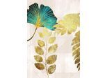 Leinwandbild QUEENCE "Gingko und Blätterbild, Canvas Bild von Hand bespannt", gold (farbe bild(er): weiß,gold,grau,hellgrau,grün,türkis), B:60cm H:90cm T:2cm, Bilder, Leinwandbild, Zeitlose Ginkgo-Motive in hellen Farben