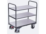 ESD-Etagenwagen, Stahl/Spanplatte, Graphitgrau/ Lichtgrau, 3 Etagen, 850 x 500 mm, EasySTOP, bis 250 kg