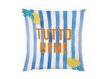 Dekokissen QUEENCE "Tutto Bene blau weiß gestreift", bunt (schriftzug bedruckt gestreift), B:40cm L:40cm, Polyester, Dekokissen_Sitzkissen_Kissenhüllen, Beidseitig bedruckte Kissenhülle, Kissen 40x40cm, inkl. Reißverschluss