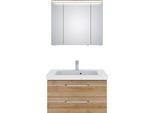 Badmöbel-Set SAPHIR "Balto Sprint 2-teilig, Mineralmarmor-Waschtisch mit LED-Spiegelschrank", braun (riviera eiche quer nachbildung), B:92cm H:200cm T:50,8cm, Holzwerkstoff, Kastenmöbel-Sets, Badmöbel-Set, Badezimmer Set 92 cm breit, inkl. Türdämpfer, 3 Türen, 2 Schubladen