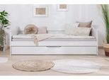 Funktionsbett TICAA "Melinda, Daybett, Jugendbett, 2 Schlafplätze, Schublade auf Rollen", weiß (kiefer massiv weiß), B:96cm L:204cm, Daybetten, Funktionsbett, FSC-zertifizierte Kiefer, 2 Rollroste, Massivholz