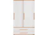 Kleiderschrank PAIDI "YOLANDA in Weiß mit Eiche-Dekor, 2 Schiebetüren und 2 Schubladen", weiß (kreideweiß, eiche, montana), B:123,5cm H:206,8cm T:62cm, Schränke, Kleiderschrank, inkl. Kleiderstangen und Einlegeböden, Massivholz-Griffe, Soft-Close