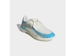 Fußballschuh ADIDAS PERFORMANCE "F50 MESSI LEAGUE KIDS, HALLENBÖDEN, OHNE SCHNÜRSENKEL", Mädchen, Gr. 38,5, blau (ivory, semi blau burst, icey blau), Synthetik, Schuhe Fußballschuh, für Hallenboden, für Jugendliche & Kinder