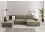 Wohnlandschaft OTTO HOME "SHERWOOD Vintage Lederoptik U-Form, 329 cm", grün (olivgrün), B:329cm H:85cm T:195cm, 100% Polyester, Sofas, Wohnlandschaft, Schlaffunktion m. Bettkasten (194x139 cm), Cord, Vintage, Samtvelours