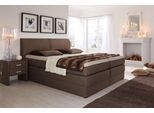 Boxspringbett HAPO, braun (hellbraun, strukturstoff), Liegefläche B/L: 200cm x 200cm, kein Härtegrad, Bonnell-Federkernmatratze, Kopfteil, seitliche Unterbox und Obermatratze sind mit pflegeleichtem Feinstrukturstoff in Leinenoptik (100% Polyester) oder Kunstleder bezogen;Die Oberseite der Unterfederung und die Ober- und Unterseite der Obermatratze sind jeweils mit einem rutschhemmenden Stoff aus
