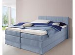 Boxspringbett HAPO, blau (hellblau), Liegefläche B/L: 160cm x 200cm, kein Härtegrad, Bonnell-Federkernmatratze, Kopfteil, seitliche Unterbox und Obermatratze sind mit pflegeleichtem Feinstrukturstoff in Leinenoptik (100% Polyester) bezogen;Die Oberseite der Unterfederung und die Ober- und Unterseite der Obermatratze sind jeweils mit einem rutschhemmenden Stoff aus 100% Polyester bespannt., Komplet