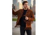 Heren Western Retro Tan Cowboy Suède Leren Fringe Jas - Karmozijnrood