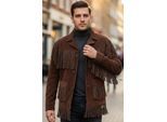 Heren Western Retro Brown Cowboy Suède Leren Fringe Jas - Karmozijnrood