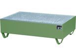 Auffangwanne, für 2 Fässer à 200 l, mit verzinktem Gitterrost, L 1200 x B 800 x H 360 mm, unterfahrbar, Stahl, resed.grün RAL 6011