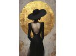 Acrylglasbild QUEENCE "Wandbild, Goldbild, Bild Frau mit Hut vor goldenem Mond", bunt (farbe bild(er): schwarz,gold,grau), B:80cm H:120cm, Acrylglas, Bilder, Acrylglasbild, Handveredelt mit Blattgold für eine edle und zeitlose Optik.