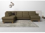 Wohnlandschaft HOME AFFAIRE "Palmera U-Form, B: 308 cm, große Stoff + Leder Auswahl", grün (olive), B:308cm H:89cm T:212cm, Luxus-Microfaser (100% Polyester);Struktur (100% Polyester);Luxus-Microfaser in Lederoptik (100% Polyester), Sofas, Wohnlandschaft, mit Schlaffunktion & Bettkasten, Federkern, XXL-Wohnlandschaft