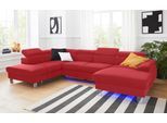 Wohnlandschaft COTTA "Komaris U-Form, B: 320 cm", rot, B:320cm, Microfaser PRIMABELLE (100% Polyester);Kunstleder SOFTLUX;Feinstruktur (100% Polyester);Kunstleder SOFTLUX/Struktur (100% Polyester);NaturLEDER, Sofas, Wohnlandschaft, mit Kopfteilverstellung, optional Schlaffunktion, Bettkasten & Licht