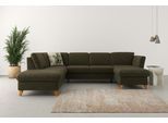 Wohnlandschaft HOME AFFAIRE "Trelleborg U-Form", grün (olive), B:307cm H:86cm T:213cm, 100% Polyester, Sofas, Wohnlandschaft, Federkern-Polsterung, wahlweise mit Schlaffunktion und Stauraum