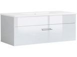 Waschtisch WELLTIME "Trento Light mit Keramik-Auflagebecken", weiß (weiß, weiß hochglanz, weiß), B:101cm H:41cm T:47cm, Holzwerkstoff, Keramik, Waschtische, Waschtisch, 1 feste Blende und 1 Auszug, Breite: 101cm, Weiß Hochglanz