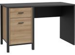 Schreibtisch FORTE "High Rock", schwarz (riviera eiche, schwarz, schwarz), B:120cm H:72,3cm T:56,5cm, Tische, Schreibtisch, mit Tür & Schublade, Industrial-Look, Knieblende, Breite 120 cm