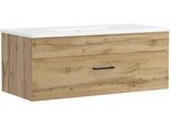 Waschtisch WELLTIME "Trento Light mit Keramik-Auflagebecken", braun (wotaneiche, wotaneiche), B:101cm H:41cm T:47cm, Holzwerkstoff, Keramik, Waschtische, Waschtisch, 1 feste Blende und 1 Auszug, Breite: 101cm, Wotaneiche
