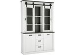 Buffet HOME AFFAIRE "Sherwood, Hochschrank im Industrial-Style, Hochschrank, Küchenschrank", weiß (pinie weiß dekor), B:133cm H:201cm T:38cm, Schränke, Buffet, mit Scheunentorbeschlag & Apothekergriffen, in 2 Farben erhältlich