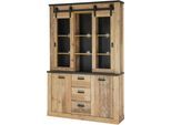 Buffet HOME AFFAIRE "Sherwood, Hochschrank im Industrial-Style, Hochschrank, Küchenschrank", braun (old style hell dekor), B:133cm H:201cm T:38cm, Schränke, Buffet, mit Scheunentorbeschlag & Apothekergriffen, in 2 Farben erhältlich
