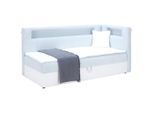 Ondega , Weiß, Hellblau , Textil, Leder , Lederlook,Lederlook , H2 + H3 , 90x200 cm , Bettkasten, gepolstertes Kopfteil, Beleuchtung ,
