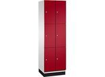 C+P Schliessfachschrank Cambio, 2 Abteile, 6 Fächer, mit Sockel, B 600 x T 525 x H 1980 mm, lichtgrau/rubinrot