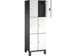 C+P Schließfachschrank Cambio, 2 Abteile, 6 Fächer, auf Füßen, B 600 x T 525 x H 1980 mm, schwarzgrau/weiß
