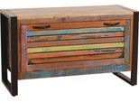 Schuhschrank SIT "Procida aus Altholz – bunte Lamellenfront – 1 Klappe", bunt, B:85cm H:50cm T:35cm, Massivholz, Schränke, Schuhschrank, Für ca. 6 Paar Schuhe mit bunter Lamellenfront und Metallrahmen