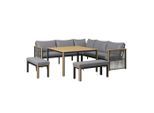 Ambia Garden Dining-Loungeset, Anthrazit, Grau, Teak, Holz, Metall, Textil, 6-teilig, Akazie, massiv, Füllung: Faserbällchen, Vlies,Baumwollfüllung, Vlies, Eckteil, L-Form, 230x230 cm, Loungemöbel, Gartenlounge-Sets