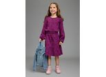 Druckkleid SCOUT "Musselin Kleid mit allover-Herzenmuster - NEU von SCOUT", Mädchen, Gr. 128/134, N-Gr, beere gemustert, Web, Obermaterial: 100% Baumwolle, gemustert, Basic knielang, Rundhals, mit innenliegendem Gummizug, Kleider Druckkleid, Web-Kleid in Tunika Style, knielang, mit Volants, mit gesmokter Taille