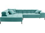 Ecksofa HOME AFFAIRE "Ancona New, wahlweise motorische Sitztiefenverstellung, auch in Cord", blau (hellblau), B:321cm T:216cm, : 88% Polyester, 12% Polyacryl, Sofas, Ecksofa, feine Steppung, mit Kopfteilverstellung, 3 Zierkissen, L-Form