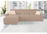 Ecksofa DOMO COLLECTION "Ava mit moderner Sitzheftung & toller Doppelnaht, komfortabel, L-Form", beige (natur), B:262cm H:84cm T:167cm, Kunstleder SOFTLUX;Struktur fein (100% Polyester);Zierkissen: Microfaser PRIMABELLE (100% Polyester);Struktur (100% Polyester);Microfaser PRIMABELLE (100% Polyester), Sofas, Ecksofa, mit Recamiere, inkl. Federkern, wahlweise mit Kopfteilverstellungen