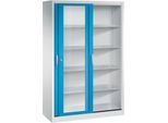 C + P Schiebetüren-Werkzeugschrank Acurado, mit Sichtfenster, B 1200 x T 500 x H 1950 mm, lichtgrau/lichtblau
