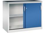 C + P Schiebetüren-Werkzeugschrank Acurado, B 1200 x T 600 x H 1000 mm, je Fachboden 70 kg, Stahl, lichtgrau/enzianblau