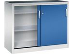 C + P Schiebetüren-Werkzeugschrank Acurado, B 1200 x T 500 x H 1000 mm, je Fachboden 110 kg, Stahl, lichtgrau/enzianblau