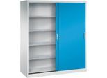 C + P Schiebetüren-Werkzeugschrank Acurado, B 1600 x T 600 x H 1950 mm, je Fachboden 70 kg, Stahl, lichtgrau/lichtblau