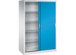 C + P Schiebetüren-Werkzeugschrank Acurado, B 1200 x T 600 x H 1950 mm, je Fachboden 70 kg, Stahl, lichtgrau/lichtblau