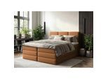 Mid.you , Rostfarben , Holz, Textil, Holzwerkstoff , H2 + H3 , 180x200 cm , Bettkasten, gepolstertes Kopfteil, Topper durchgehend, Wendematratze mit unterschiedlichen Härtegraden, Matratze geteilt ,