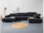 Wohnlandschaft COTTA "Orion U-Form XXL, B: 409 cm, bequeme Wellenunterfederung, top modern", schwarz, B:409cm H:73cm T:225cm, 90% Polyester, 10% Polyamid, Sofas, Wohnlandschaft, mit Kopfteilverstellung & 6 Nierenkissen