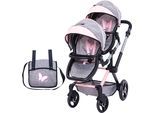 Puppen-Zwillingsbuggy BAYER "Xeo Twin", grau (grau, rosa mit schmetterling), Puppenwagen, KinderB:35cm H:76,5cm T:80cm, Kunststoff, Metall, Stoff, Puppen-Zwillingsbuggy, mit Wickeltasche, B:35cm H:76,5cm T:80cm