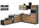 Winkelküche KOCHSTATION "KS-Samos", braun (küche: natur, front: wotaneiche, korpus: grafitgrau, arbeitsplatte: anthrazit), B:300cm H:200cm T:60cm, Komplettküchen-Sets, Winkelküche, Stellbreite 300x250 cm, wahlweise mit E-Geräten und Induktionskochfeld